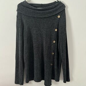 Adrienne Vittadini Charcoal Gray Fold Over Neck‎ Button Detail Long Sleeve XL